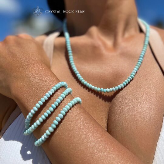 Larimar light blue rondelle beads beaded necklace that converts to a wrap bracelet. Photo by CrystalRockStar