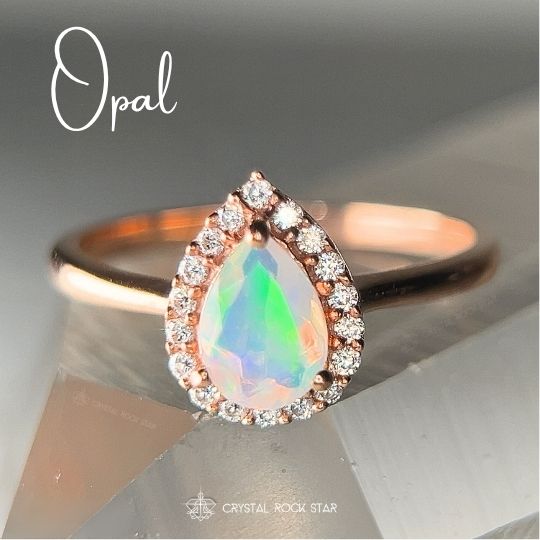 natural genuine rainbow opal rose gold ring with cz halo - crystalrockstar - womens jewelry gift