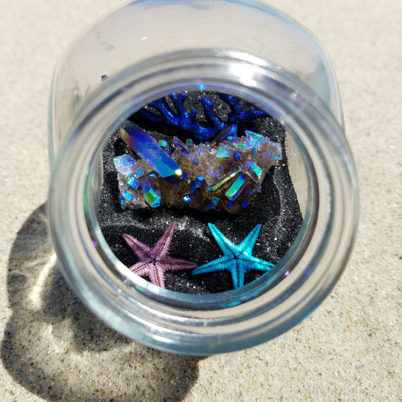 Crystal Oceanarium with Baby Starfish and Titanium Aura Quartz Cluster