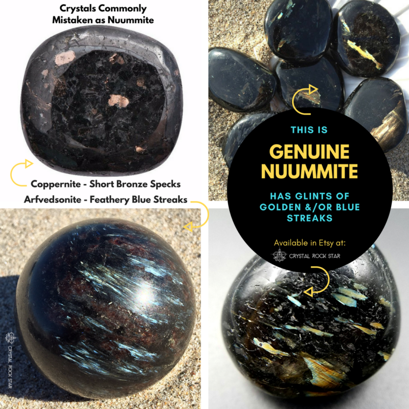 Genuine Nuummite Crystals - Fake vs Real Comparison Astrophyllite Coppernite Arfvedsonite Palm Stones Tumbled Sphere