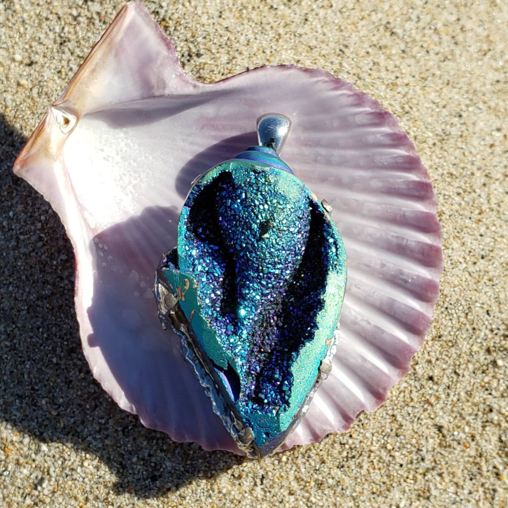 Titanium Rainbow Aura Crystal Healing Fossil Seashell Crystallized Shell Mermaid Pendant - Crystal Rock Star - Surfer Girl Pisces Jewelry