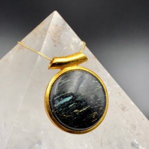 Gold Greenland Nuummite with Blue Golden Flashes Pendant Necklace