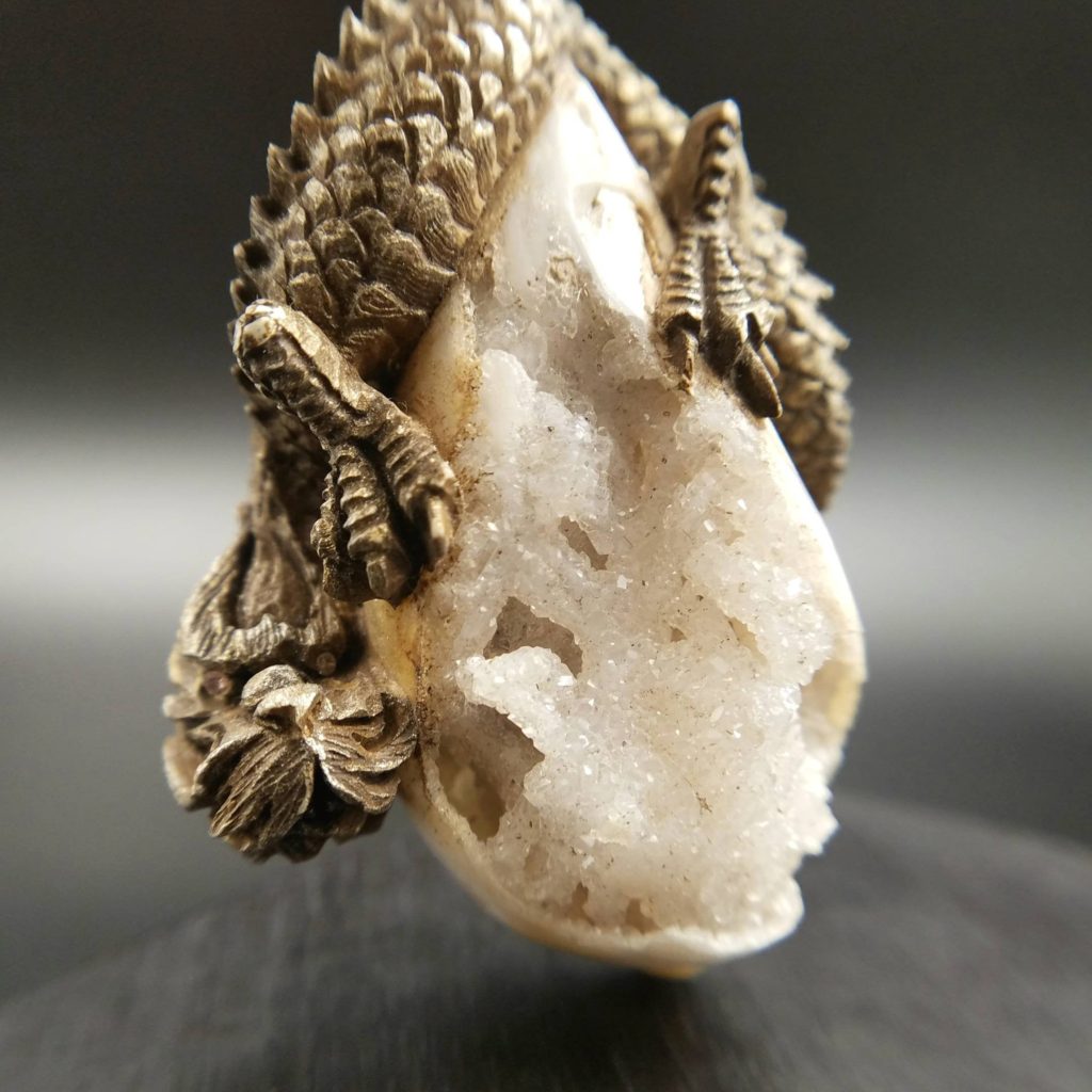 Spiralite Water Dragon Fossil Crystal Quartz Seashell Art Sculpted Metal Clay Pendant