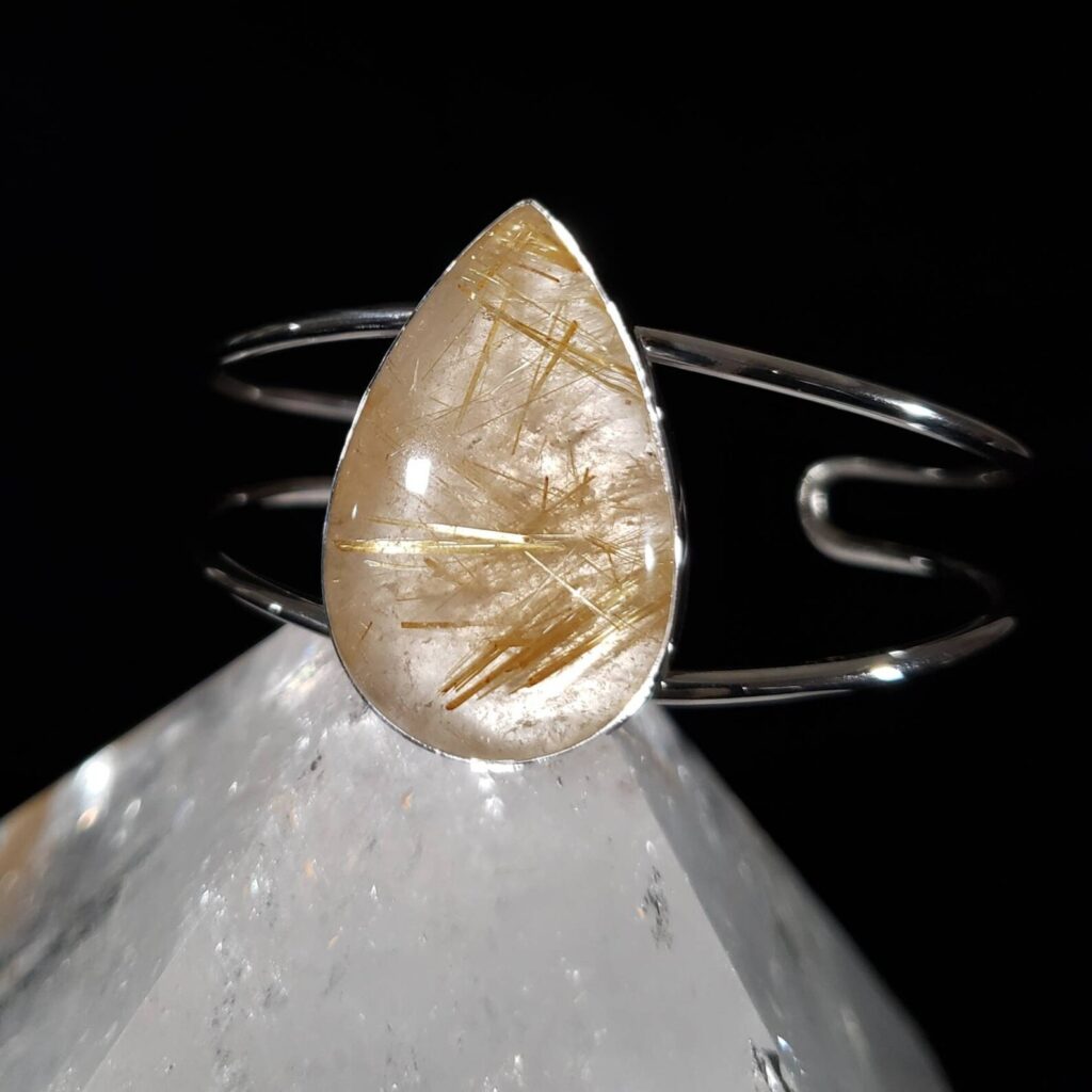 Gold Rutile in Quartz Pear Crystal Silver Cuff Bracelet